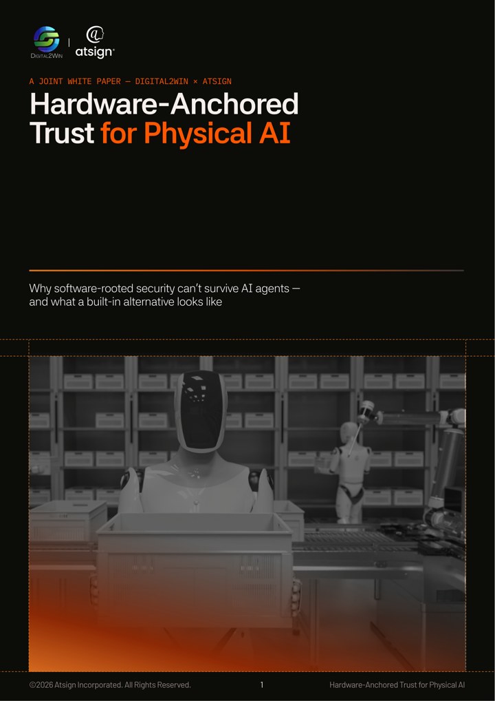 Cover of the joint white paper Hardware-Anchored Trust for Physical AI, by Digital2win and Atsign