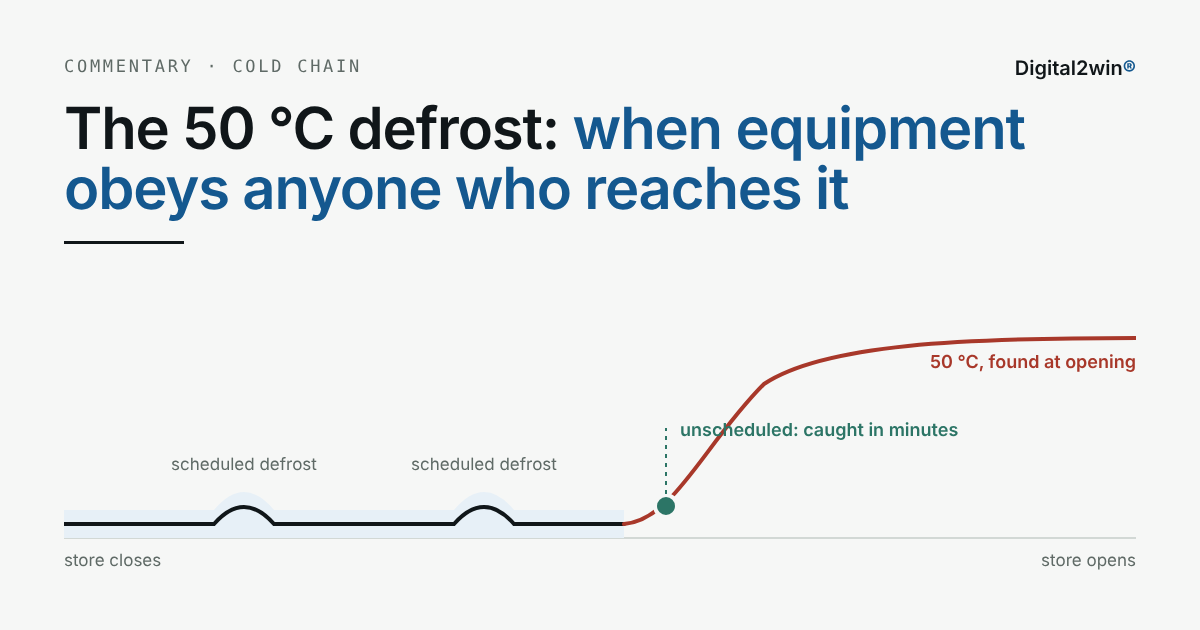 Overnight case temperature: two scheduled defrosts, then an unscheduled rise to 50 °C found at opening, which a witness and forecast would have caught in minutes.